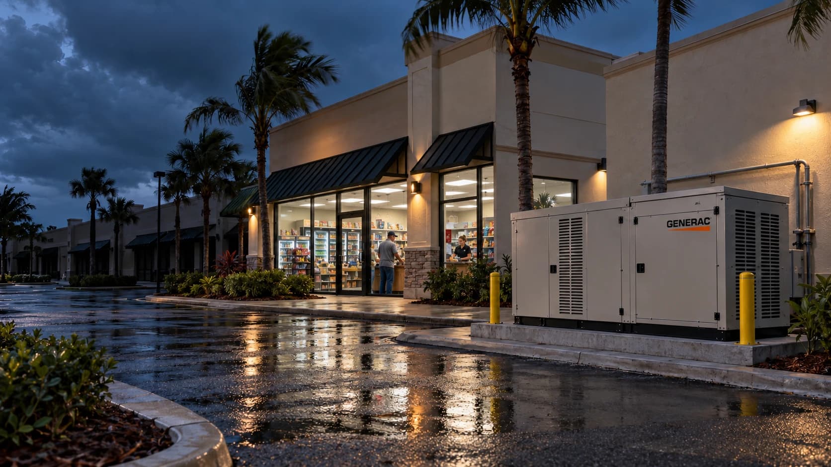 Generador comercial Generac que mantiene abierto un negocio de Fort Myers durante una tormenta