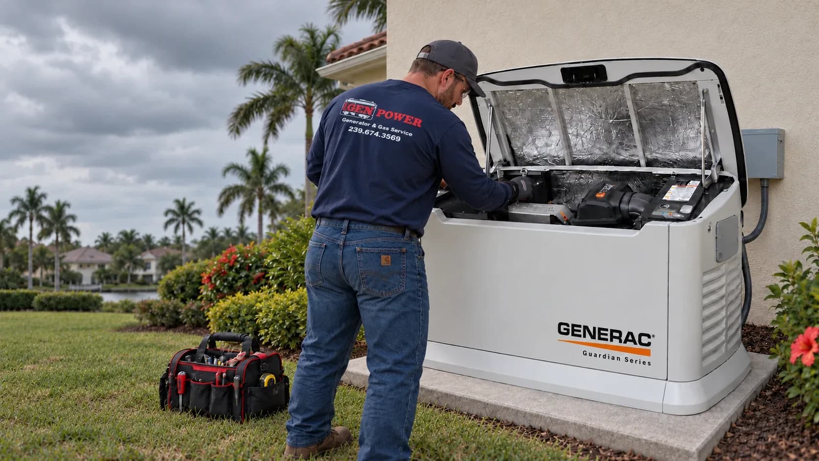 Técnico de Gen-Power en una instalación de generador para toda la casa en Fort Myers, FL, con un Generac Guardian abierto