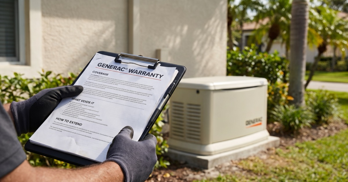 Generador de respaldo Generac Guardian con documentación de garantía junto a una casa en el suroeste de Florida